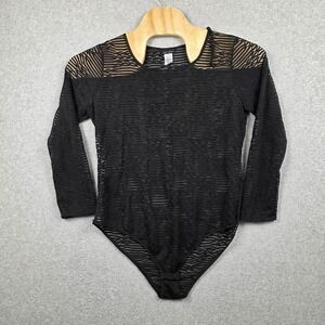 Y2K Zenobia Bodysuit Womens 1X Black Mesh Striped Long Sleeve Sheer USA Stretch